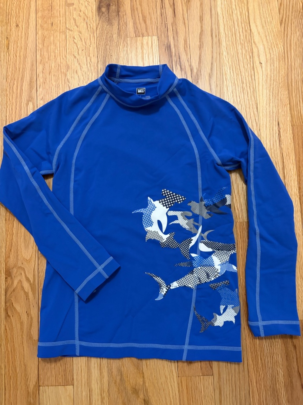REI Blue Long-Sleeve Kids Rashguard with Shark Graphic
